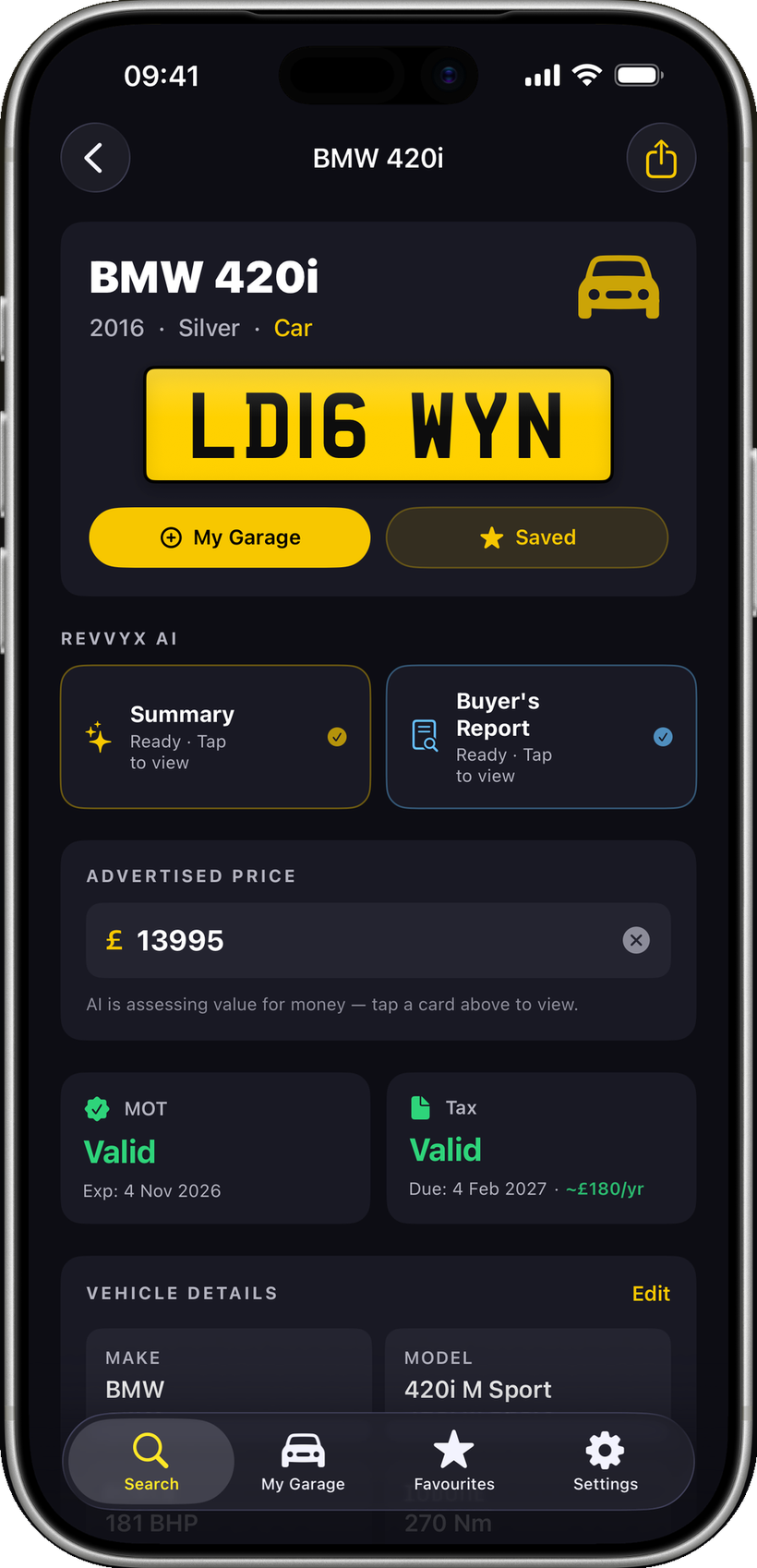 The Revvyx app showing a full vehicle check for a BMW 420i — number plate, MOT and tax status, ULEZ, specs and an AI buyer's report